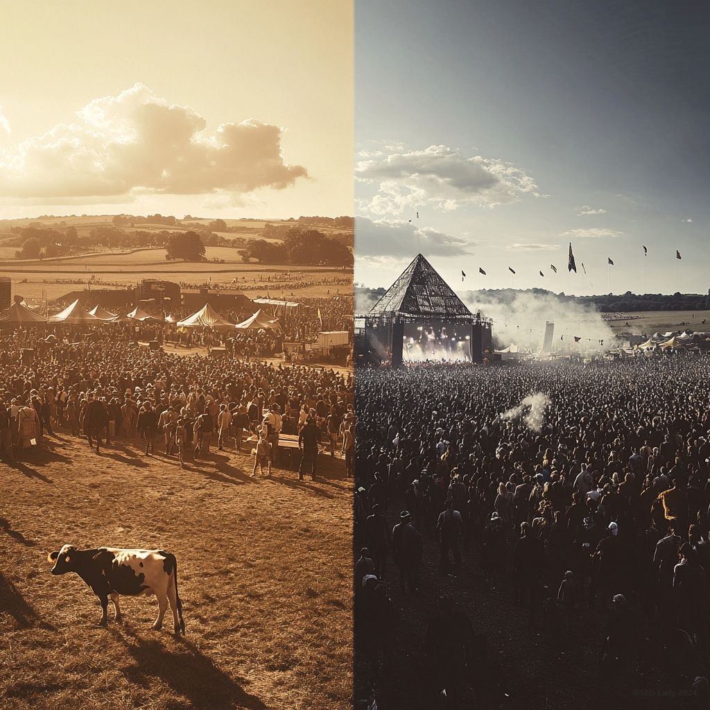Midjourney image nina payne SEO lady Glastonbury - then and now
