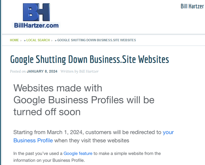 Google Business.Site Discontinued 2024 FREE Website Blogger Workaround Bill Hartzer 8th January 2024 Google