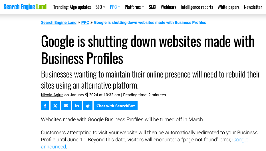 Google Business.Site Discontinued 2024 FREE Website Blogger Workaround Search Engine Land 9th January 2024 Google