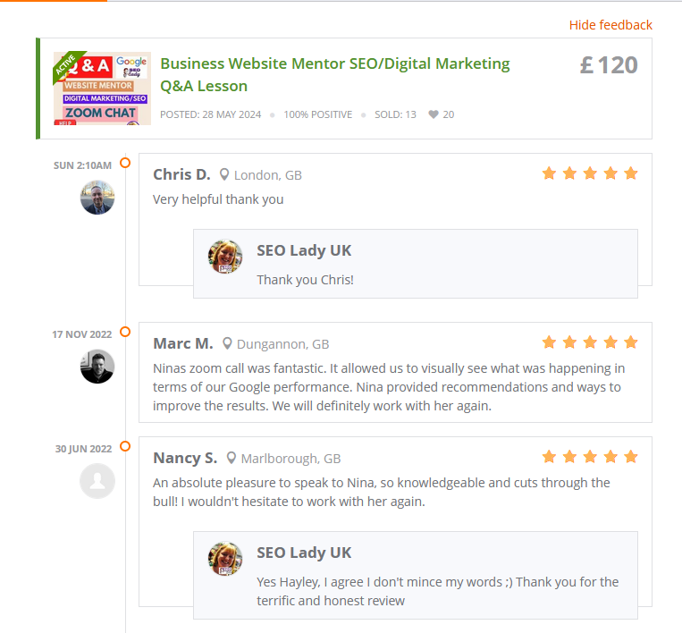 Nina Payne SEO Lady UK Reviews and Testimonials SEO Consultant Coach Remore Training Search Engine optimisation