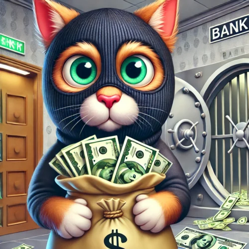 A humorous cartoon illustration dressed as a feline funny bank robber. The cat is wearing a balaclava with its cat ears poking through the top, creating a comical aDALL·E 2025-01-01 16.20.15 -